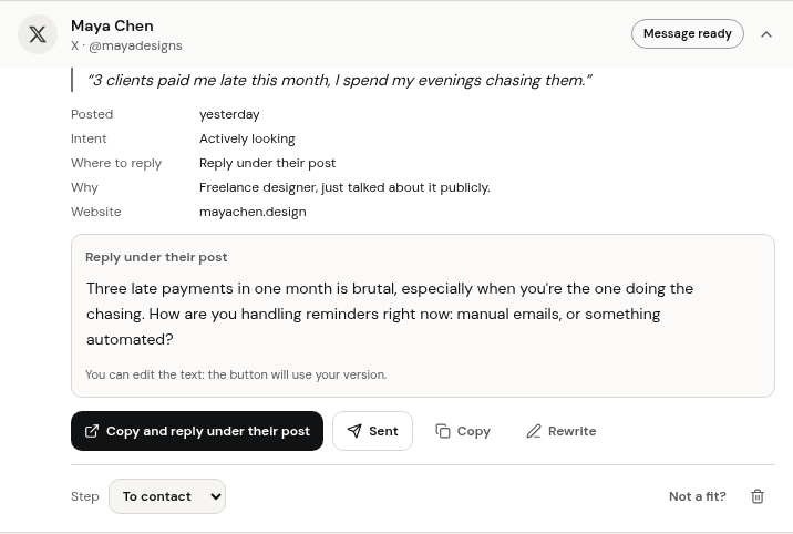 A person found by FounderPulse, with their words, the date and the ready message